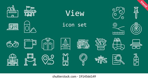 view icon set. line icon style. view related icons such as exhibition, sunglasses, goal, foam, searching, food truck, box, sportswear, laptop, chair and table, search, shirt, pin, car, airplane