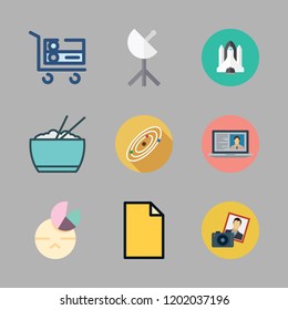 view icon set. vector set about rice, space shuttle, photo camera and solar system icons set.