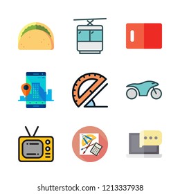 view icon set. vector set about kitchen board, office material, motorcycle and television icons set.