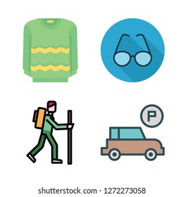 view icon set. vector set about pullover, glasses, parking and hiker icons set.