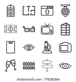 View icons. set of 16 editable outline view icons such as shutter blinds, fence, eye, cutting board, glasses clink, microscope, tv, window browser upload, glasses