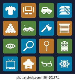 view icons set. Set of 16 view filled icons such as shutter blinds, toy car, mirror, blouse, axe, cargo plane back view, TV, magnifier, glasses, blinds, TV set, window shutter