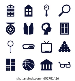 view icons set. Set of 16 view filled icons such as shutter blinds, window, mirror, sleeveless shirt, TV, human brain, magnifier, glasses, grid, basketball, spy camera