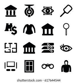 View icons set. set of 16 view filled icons such as window, mirror, blouse, hoodie, bank, magnifier, eye, blinds, plan, TV set, eye scan, spy camera, binoculars