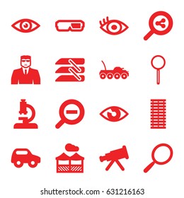 View icons set. set of 16 view filled icons such as toy car, mirror, security guy, magnifier, eye, blinds, zoom out, pergola, jalousie, military car, microscope, 3d glasses
