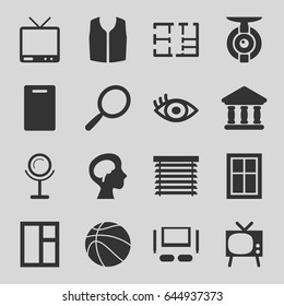 View icons set. set of 16 view filled icons such as window, mirror, cutting board, sleeveless shirt, tv, bank, human brain, eye, plan, tv set, window shutter, basketball