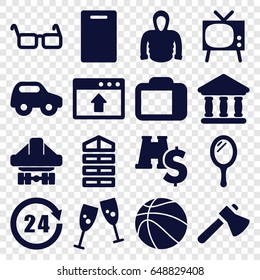 View icons set. set of 16 view filled icons such as shutter blinds, toy car, mirror, cutting board, hoodie, axe, cargo plane back view, bank, glasses, camera display, 24 hours