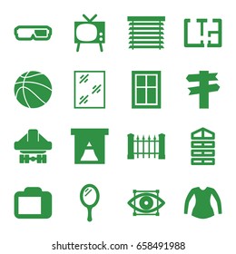 View icons set. set of 16 view filled icons such as shutter blinds, fence, window, mirror, blouse, cargo plane back view, camera display, plan, window shutter, basketball