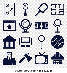 View icons set. set of 16 view filled icons such as mirror, security guy, window, axe, cargo plane back view, magnifier, plan, tv set, tv, bank, window browser upload