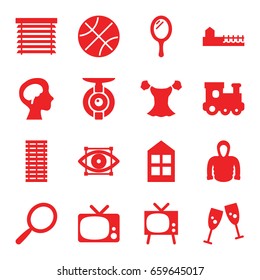 View icons set. set of 16 view filled icons such as window, train toy, mirror, blouse, hoodie, human brain, avenue, window shutter, jalousie, eye scan, spy camera, tv