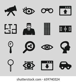 View icons set. set of 16 view filled icons such as toy car, mirror, security guy, human brain, magnifier, eye, plan, jalousie, eye scan, binoculars, telescope