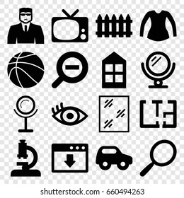 View icons set. set of 16 view filled icons such as fence, window, toy car, mirror, security guy, blouse, eye, zoom out, plan, basketball, tv, microscope