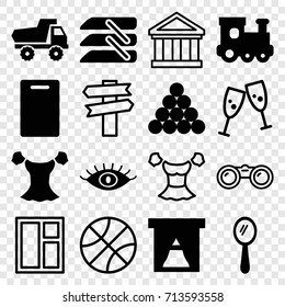 View icons set. set of 16 view filled and outline icons such as train toy, toy car, mirror, eye, cutting board, blouse, blinds, window, binoculars, biliard triangle, bank