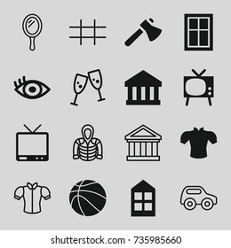 View icons set. set of 16 view filled and outline icons such as window, blouse, axe, tv, eye, basketball, toy car, mirror, hoodie, grid, bank