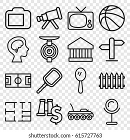 View icons set. set of 16 view outline icons such as fence, mirror, human brain, camera display, plan, direction, spy camera, military car, basketball, telescope, bank