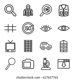 View icons set. set of 16 view outline icons such as shutter blinds, toy car, eye, sleeveless shirt, hoodie, TV, magnifier, search, camera display, grid, 24 hours, jalousie