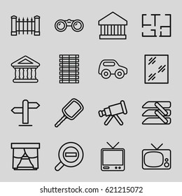 View icons set. set of 16 view outline icons such as fence, toy car, mirror, window, TV, bank, blinds, zoom out, plan, direction, jalousie, binoculars