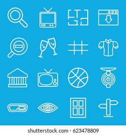 View icons set. set of 16 view outline icons such as window, blouse, TV, search, zoom out, grid, plan, eye, direction, spy camera, bank, glasses clink, download cloud