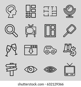 View icons set. set of 16 view outline icons such as toy car, mirror, window, tv, human brain, search, grid, plan, eye, glasses clink, download cloud, direction