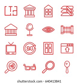 View icons set. set of 16 view outline icons such as fence, window, mirror, tv, glasses, blinds, plan, eye, 24 hours, bank, window browser upload