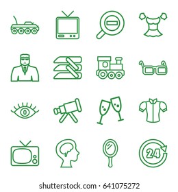 View icons set. set of 16 view outline icons such as train toy, mirror, eye, security guy, blouse, tv, human brain, glasses, blinds, zoom out, 24 hours, military car