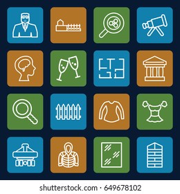 View icons set. set of 16 view outline icons such as shutter blinds, fence, security guy, window, blouse, hoodie, cargo plane back view, human brain, search, avenue, plan