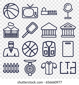 View icons set. set of 16 view outline icons such as fence, mirror, security guy, cutting board, blouse, sleeveless shirt, bank, avenue, plan, pergola, spy camera, basketball