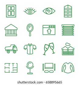 View icons set. set of 16 view outline icons such as shutter blinds, window, toy car, mirror, eye, blouse, plan, pergola, tv set, window shutter, bank, glasses clink