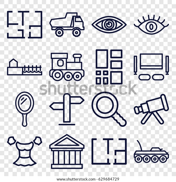 View icons set. set of 16 view\
outline icons such as train toy, toy car, mirror, eye, blouse,\
search, grid, avenue, plan, tv set, direction, military car,\
telescope