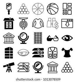View icons. set of 25 editable filled and outline view icons such as mirror, eye, blinds, blouse, sleeveless shirt, biliard triangle, bank, download cloud, grid, basketball