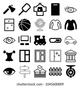 View icons. set of 25 editable filled and outline view icons such as train toy, mirror, cutting board, window, blouse, axe, 3d glasses, tv set, basketball, spy camera, bank