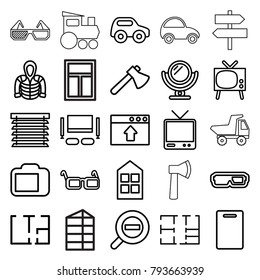 View icons. set of 25 editable outline view icons such as window, toy car, mirror, cutting board, hoodie, axe, 3d glasses, tv, window browser upload, glasses, camera display