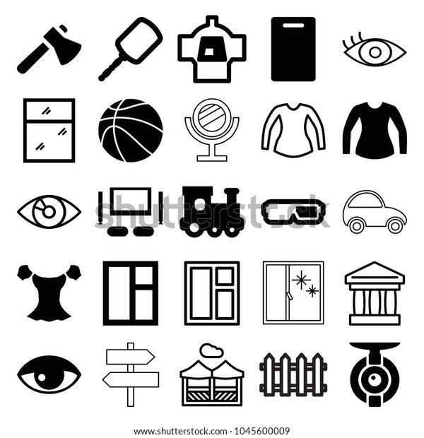 View icons. set of\
25 editable filled and outline view icons such as train toy,\
mirror, cutting board, window, blouse, axe, 3d glasses, tv set,\
basketball, spy camera,\
bank