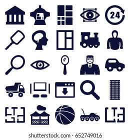 View icons set. set of 25 view filled icons such as toy car, train toy, mirror, security guy, window, hoodie, luggage compartment in airplane, human brain, search, grid, plan