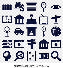 View icons set. set of 25 view filled icons such as fence, toy car, mirror, security guy, window, tv, human brain, blinds, search, eye, plan, window shutter, basketball