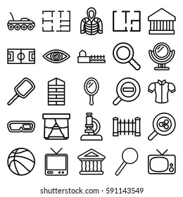 view icons set. Set of 25 view outline icons such as shutter blinds, fence, mirror, blouse, hoodie, TV, bank, magnifier, search, zoom out, avenue, plan, eye, military car