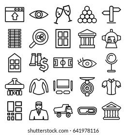 View icons set. set of 25 view outline icons such as window, toy car, mirror, security guy, blouse, cargo plane back view, luggage compartment in airplane, bank, eye, grid