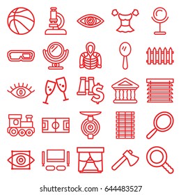 View icons set. set of 25 view outline icons such as fence, train toy, mirror, eye, blouse, hoodie, axe, bank, search, tv set, window shutter, jalousie, eye scan, spy camera