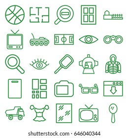 View icons set. set of 25 view outline icons such as window, toy car, mirror, eye, cutting board, blouse, hoodie, luggage compartment in airplane, tv, glasses, search