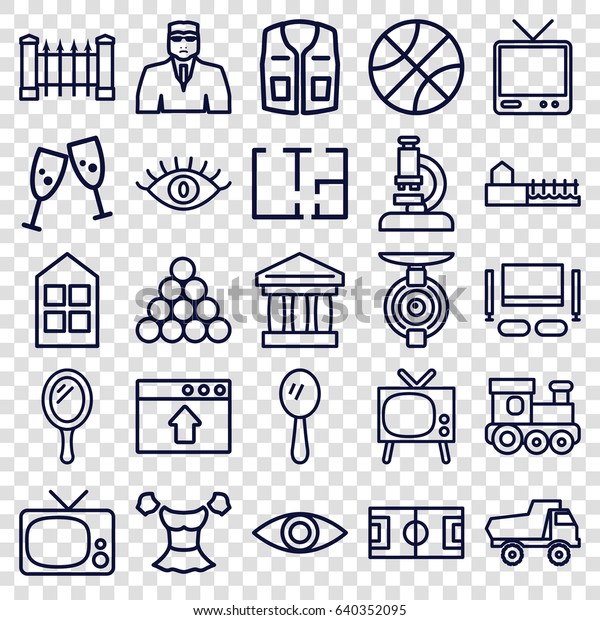 View icons set. set of 25\
view outline icons such as fence, window, train toy, toy car,\
mirror, eye, security guy, blouse, sleeveless shirt, tv, avenue,\
plan, tv set