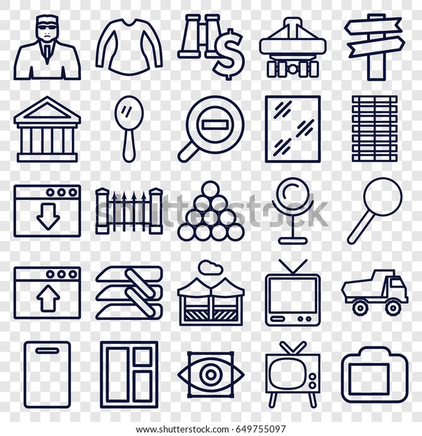 View icons set. set of\
25 view outline icons such as fence, toy car, mirror, security guy,\
cutting board, window, blouse, cargo plane back view, tv,\
magnifier, blinds