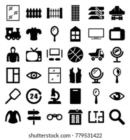 View icons. set of 36 editable filled view icons such as fence, window, train toy, mirror, cutting board, blouse, hoodie, basketball, microscope, cargo plane back view, tv