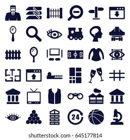 View icons set. set of 36 view filled icons such as shutter blinds, fence, train toy, mirror, eye, security guy, blouse, sleeveless shirt, cargo plane back view, tv, bank
