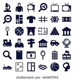 View icons set. set of 36 view filled icons such as shutter blinds, toy car, train toy, mirror, security guy, cutting board, window, blouse, hoodie, tv, human brain, eye