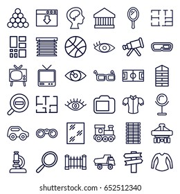 View icons set. set of 36 view outline icons such as shutter blinds, fence, toy car, train toy, mirror, eye, window, blouse, cargo plane back view, tv, human brain, glasses