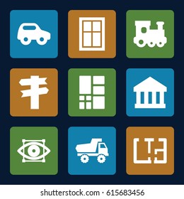 View icons set. set of 9 view filled icons such as window, toy car, train toy, grid, plan, eye scan, direction