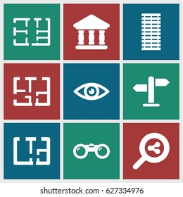 View icons set. set of 9 view filled icons such as bank, plan, eye, direction, jalousie, binoculars