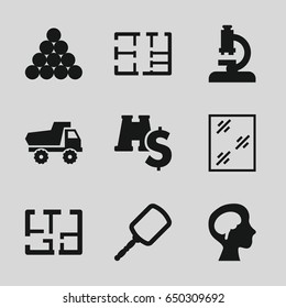 View icons set. set of 9 view filled icons such as toy car, mirror, window, human brain, plan, binoculars with dollar sign, microscope