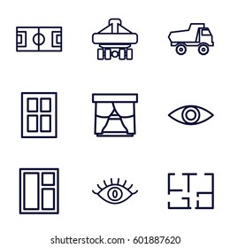 view icons set. Set of 9 view outline icons such as window, toy car, eye, cargo plane back view, plan