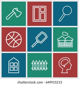 View icons set. set of 9 view outline icons such as fence, window, mirror, axe, human brain, magnifier, pergola